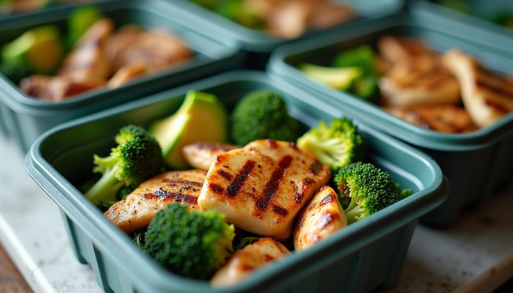 High angle view of a balanced keto meal prep with grilled chicken, broccoli, and avocado in containers