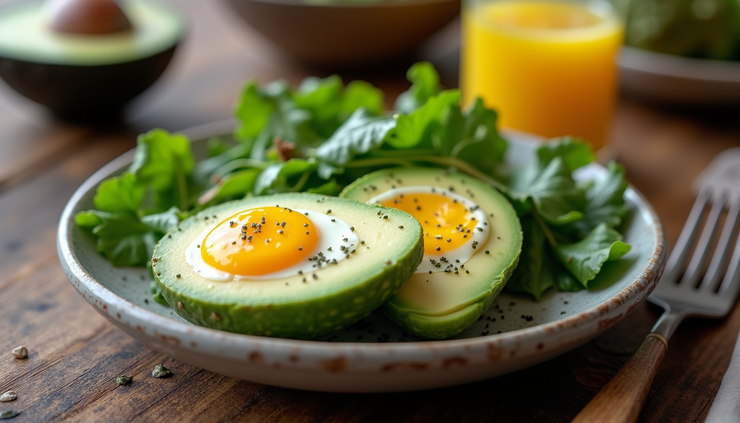 Eye-level view of a healthy keto meal with avocado, eggs, and greens on a wooden table
