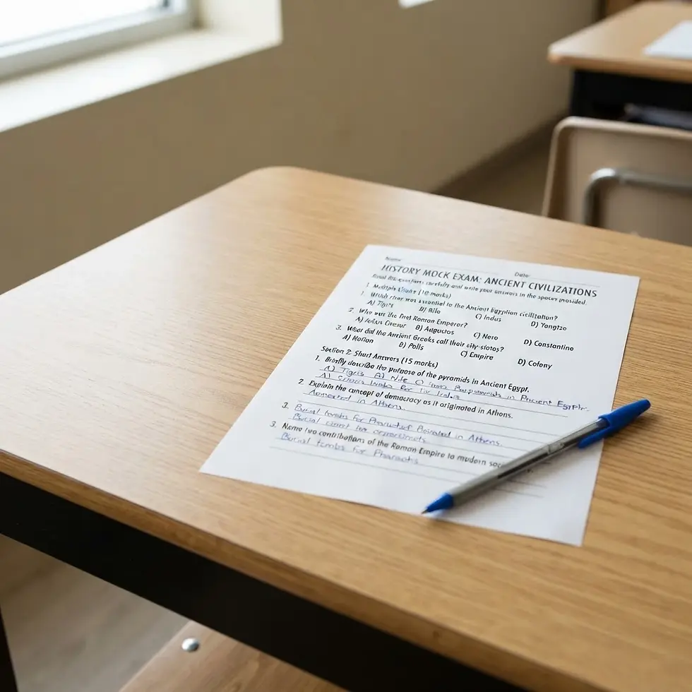 Studio photography of a history exam paper and a pen sitting on a wooden school desk. The setting evokes a quiet, focused academic atmosphere.