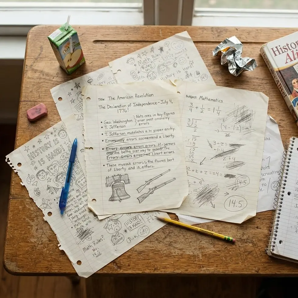 Studio photography of a cluttered wooden student desk covered in handwritten history notes, math calculations, and doodles. The scene evokes a nostalgic, academic atmosphere of a busy school day.
