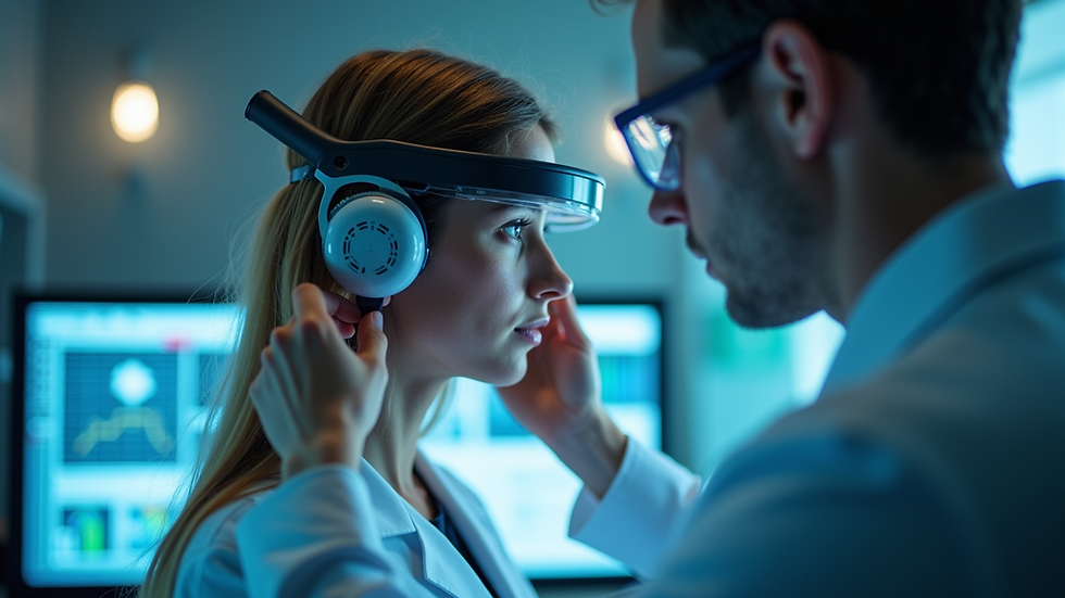Close-up view of a researcher adjusting a BCI headset in a lab setting