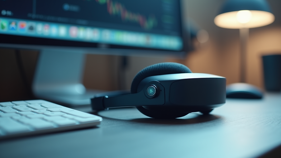 Eye-level view of a sleek EEG headset on a modern desk