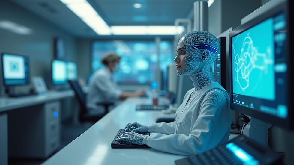 Eye-level view of a futuristic medical lab with brain-computer interface equipment