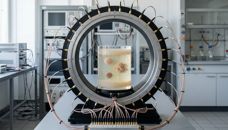 Eye-level view of a gel-filled medical imaging phantom inside a circular microwave scanner.