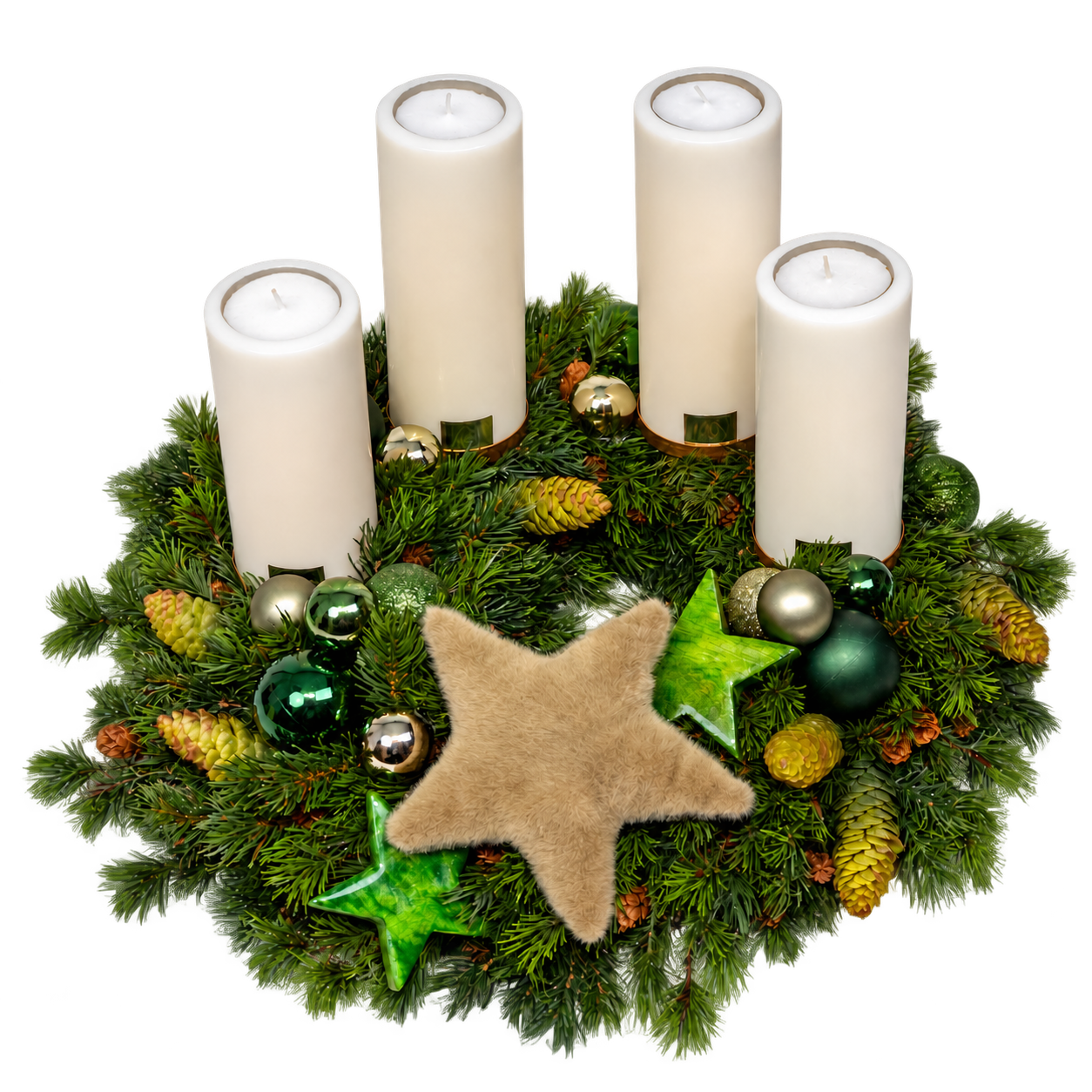 Künstlicher Adventskranz Waldstern mit weißen Kerzen und grünen Kugeln