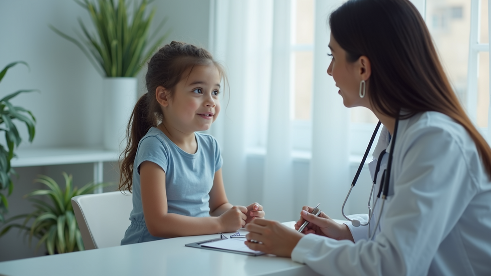 Vista frontal de uma criança durante consulta médica com endocrinologista pediátrico