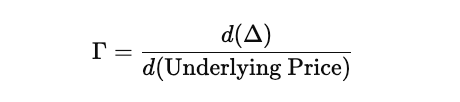Gamma is the second-order derivative of the option’s price with respect to the underlying asset. It measures the rate of change of Delta to change in price of the underlying asset: