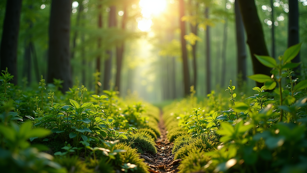 Eye-level view of a lush green forest with sunlight filtering through the trees