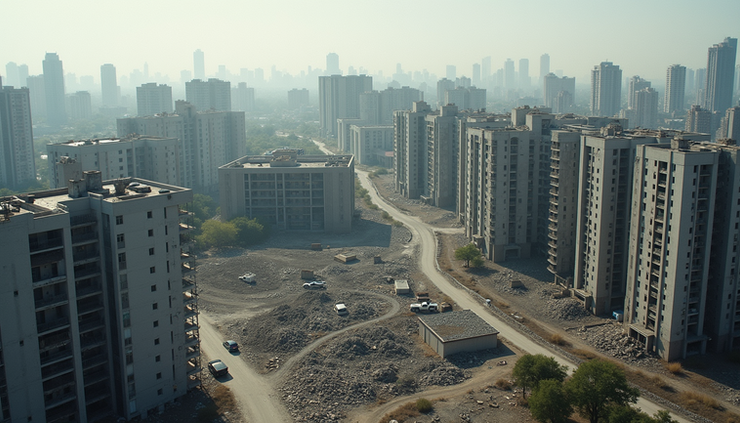 Yüksek açıdan bakışla kentsel dönüşüm alanında yıkılan eski binalar ve yeni inşaatlar