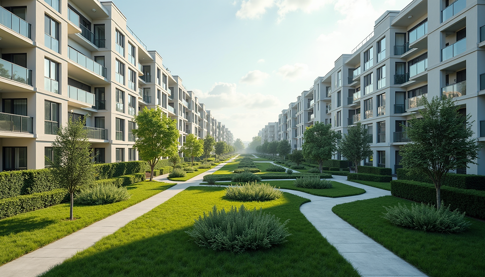 Orta açıdan bakışla yenilenen modern konut blokları ve çevresindeki yeşil alanlar