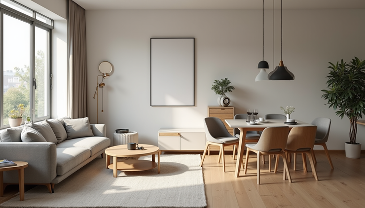 High angle view of a furnished living room prepared for short-term rental guests