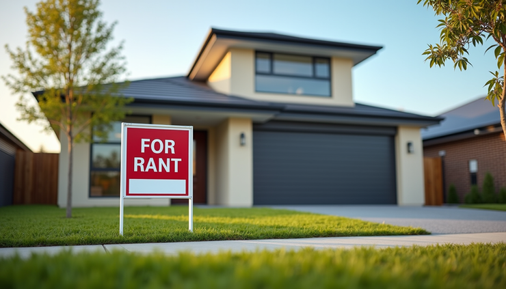 Eye-level view of a modern Australian home with a "For Rent" sign in the front yard