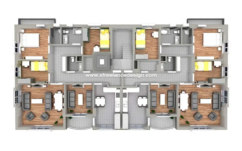 Detaylı ve gerçekçi 3D kat planı, mimari projelerin mekansal düzenini görsel olarak anlaşılır şekilde sunar.