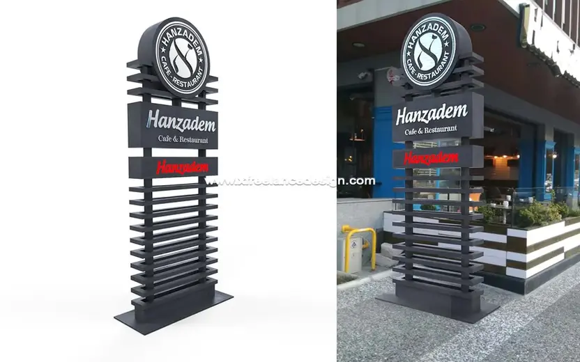 Göz alıcı ve dayanıklı 3D totem tabela tasarımı, işletmenizin dış mekanlarda etkili bir şekilde tanıtılmasını sağlar.