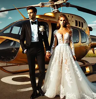 DALL·E 2025-01-02 18.07.39 - A bride and groom standing in front of a luxurious gold helic