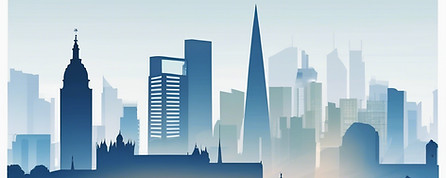 Landscape image of a blurred England city skyline with a vector location pin overlay, prof