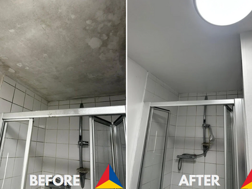 Before and after of severe mould damage in a residential bathroom, fully cleaned and repaired by Advanced Maintenance UK Ltd.
