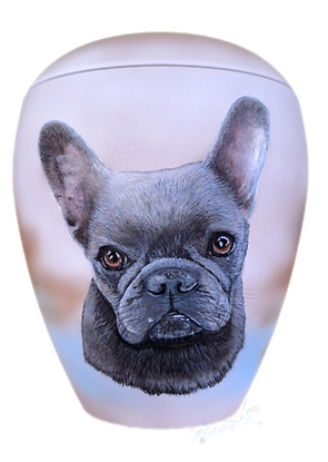 Urne für Hunde bemalt mit einer Französischen Bulldogge, diese Tierurne wurde mit Acrylfarbe bemalt nach Kundenwunsch.