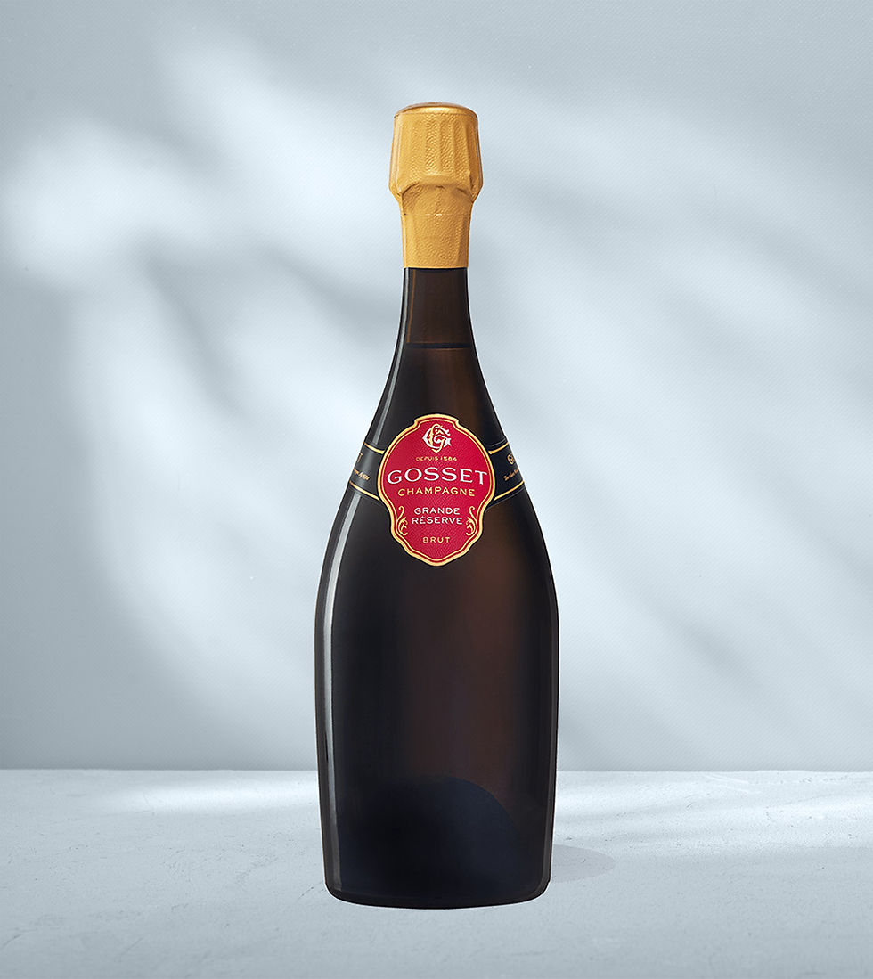 Bottle of Champagne Gosset Grand Reserve Brut with red label showing champagne gosset branding