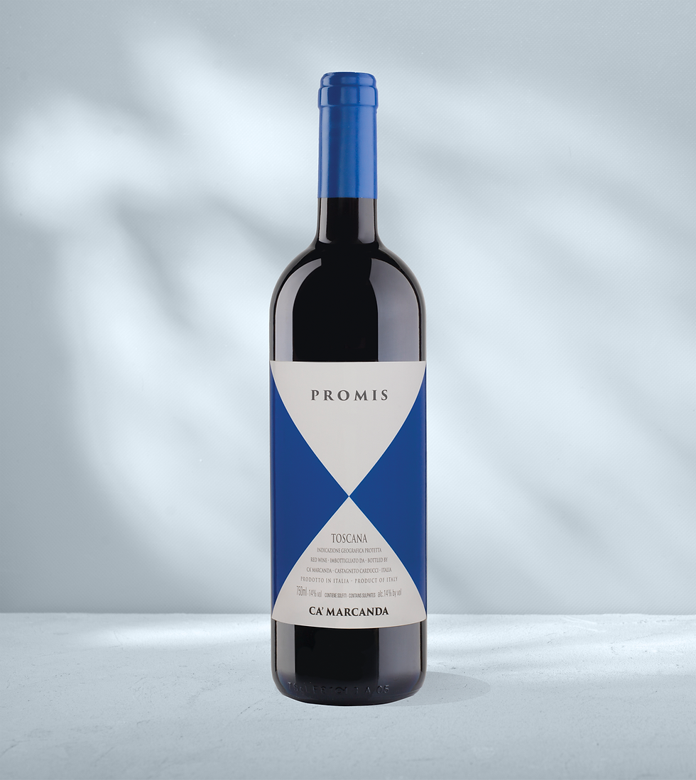 Bottle of Ca' Marcanda Promis with white and blue label showing toscana designation