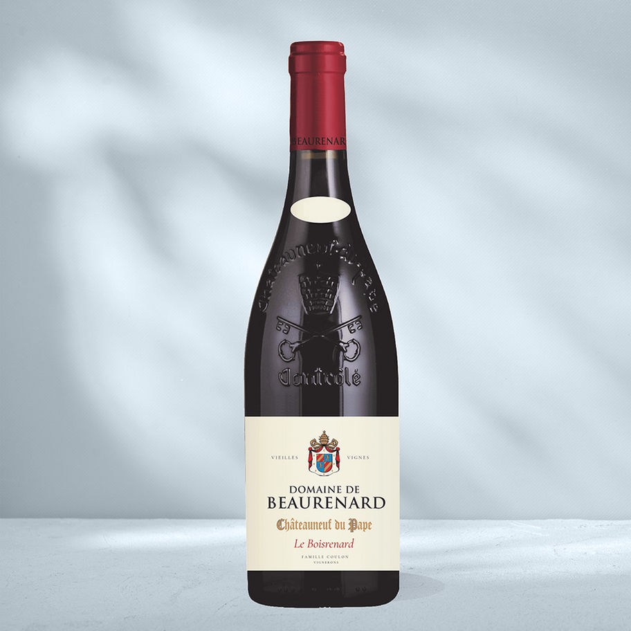Bottle of Domaine de Beaurenard Chateauneuf du pape Cuvee Boisrenard with white branded label and embossed bottle