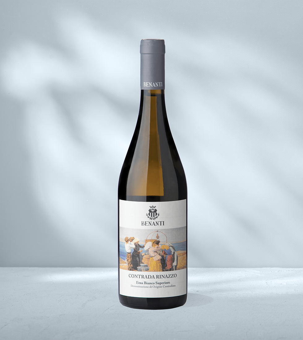 Bottle of Benanti Contrada Rinazzo Etna Bianco DOC Superiore with white label with Benanti branding and Etna Bianco Superiore
