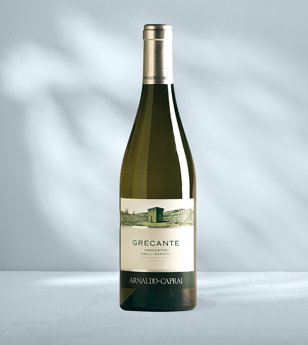 Bottle of Arnaldo Caprai Grecante Crechetto Colli Martani DOC with white and green label showing Arnaldo Caprai branding
