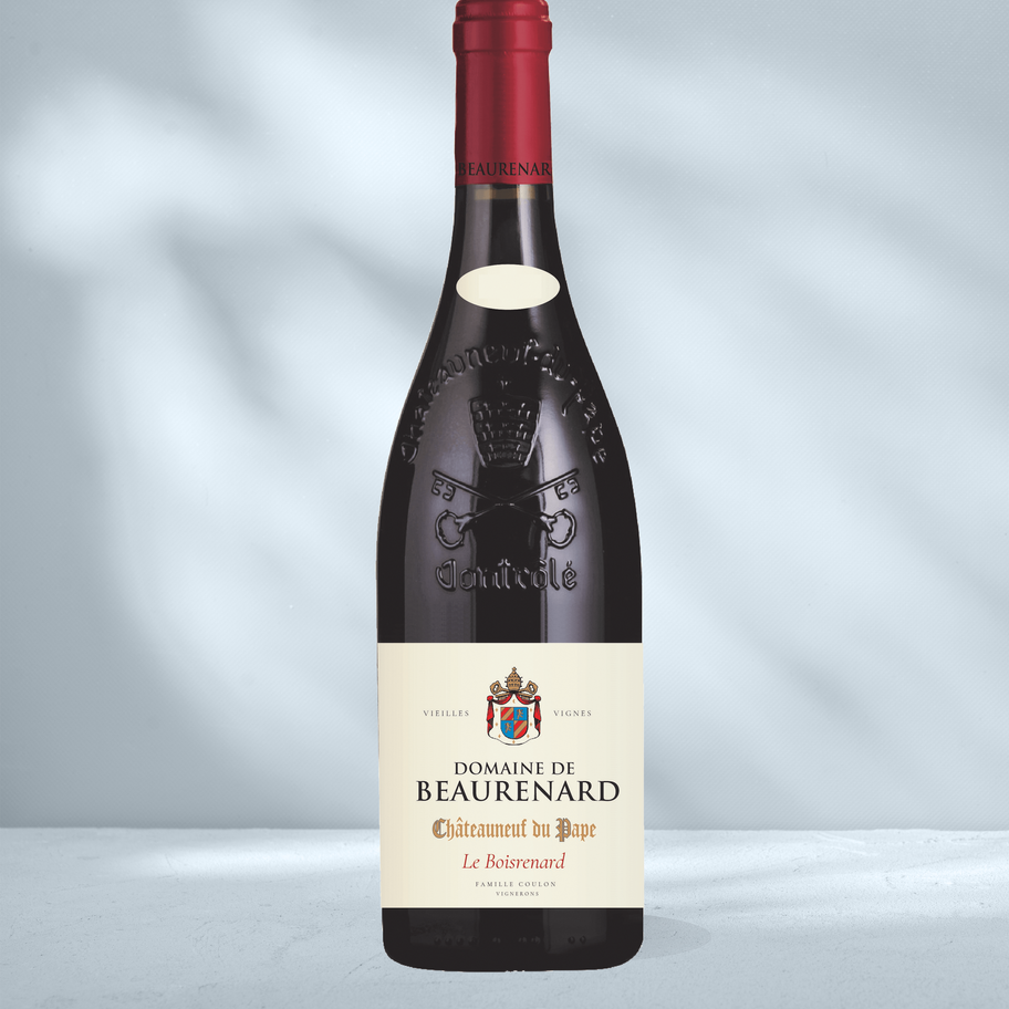 Bottle of Domaine de Beaurenard Chateauneuf du Pape with white label showing Beaurenard branding and embossed bottle