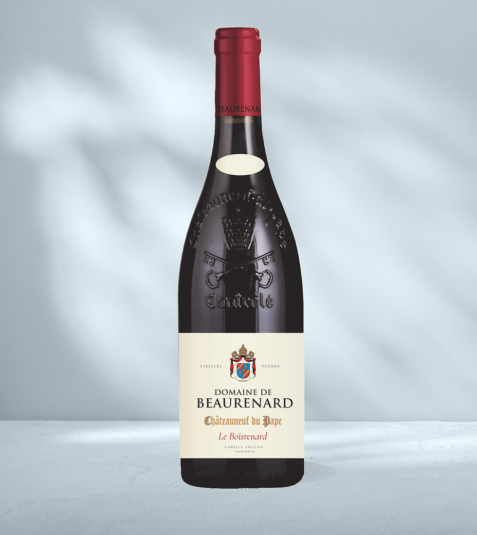Bottle of Domaine de Beaurenard Chateauneuf du Pape with white label showing Beaurenard branding and embossed bottle