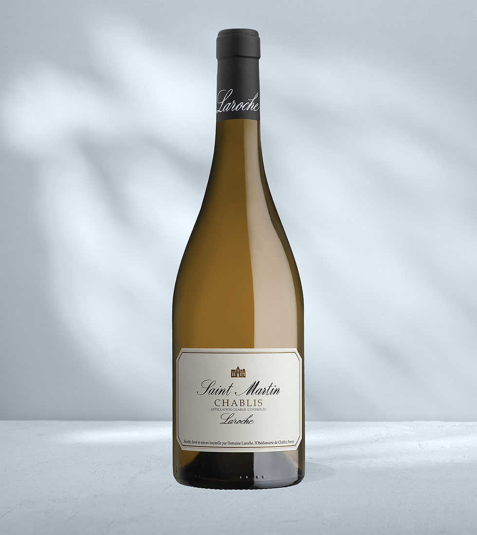 Bottle of Domaine Laroche Chablis Saint Martin with white label showing chablis designation and Domaine Laroche branding