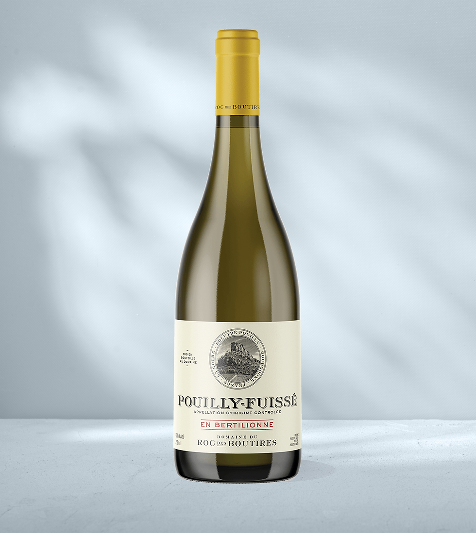 Bottle of Domaine du Roc des Boutires en Bertilionne with white label showing Pouilly-Fuisse designation