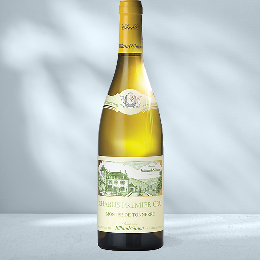 Bottle of Domaine Billaud-Simon Premier Cru Montee de Tonnerre with white label, logo and Chablis Premier Cru designation