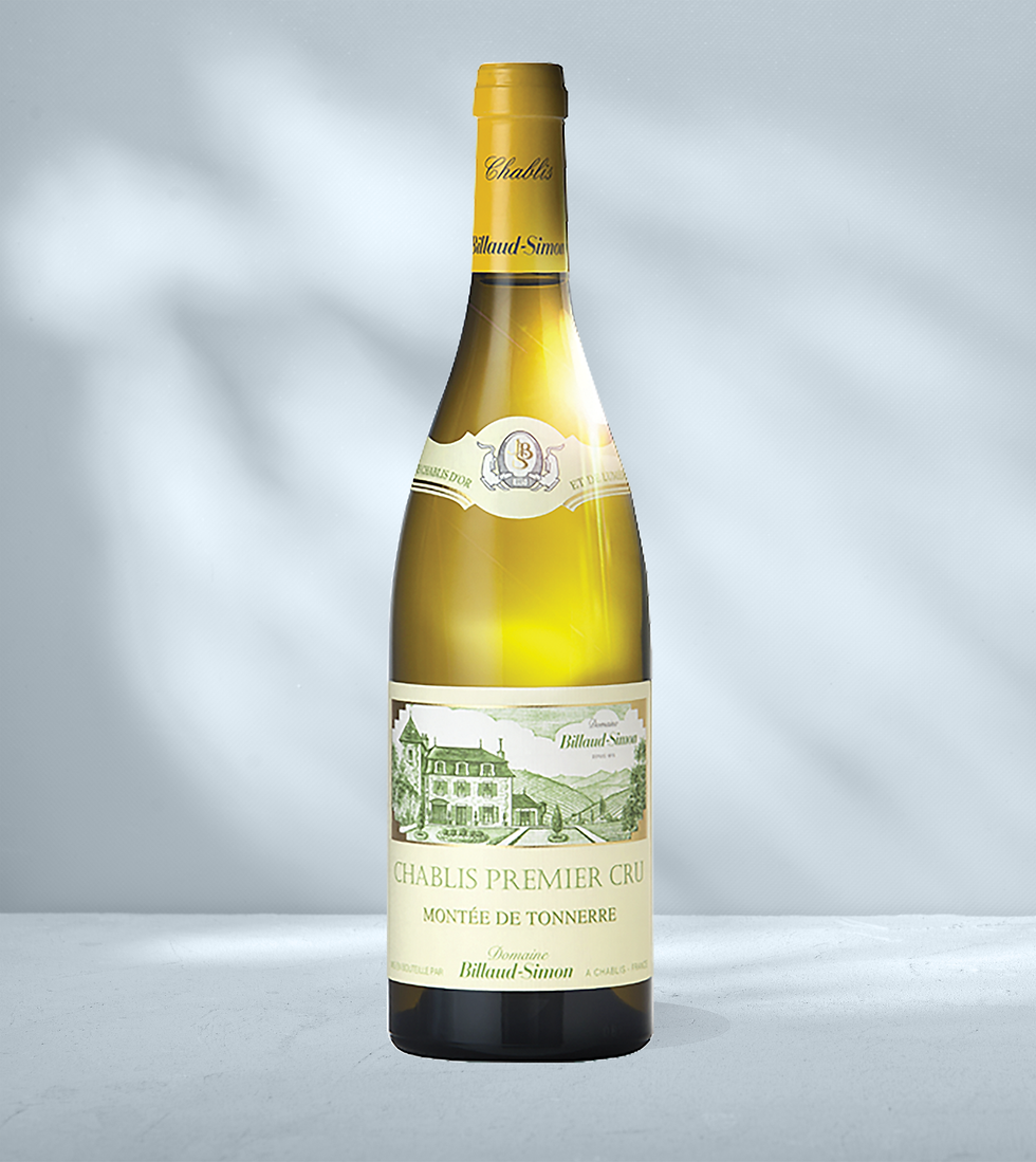 Bottle of Domaine Billaud-Simon Premier Cru Montee de Tonnerre with white label, logo and Chablis Premier Cru designation
