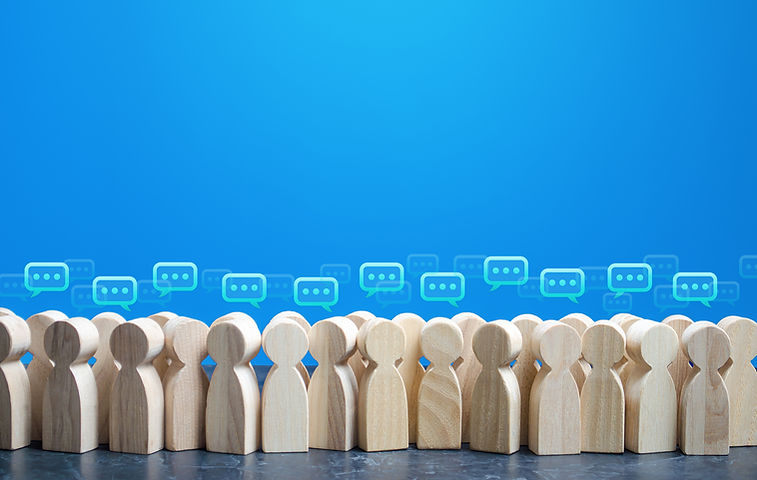 People figures with comment clouds above their heads. Social communication. Information ex