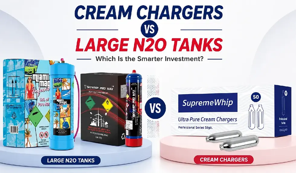 Cream Chargers vs Large N2O Tanks comparison showing premium whipped cream solutions for home and commercial use