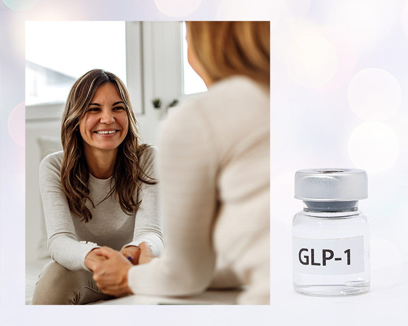 A woman in therapy working through the mental health, eating, and body image issues that come up when taking a GLP-1 medication.