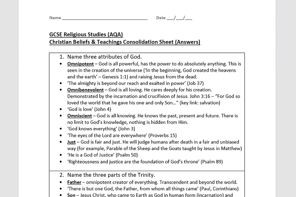 GCSE RE: Christian Beliefs & Teachings Consolidation Booklet & Answers