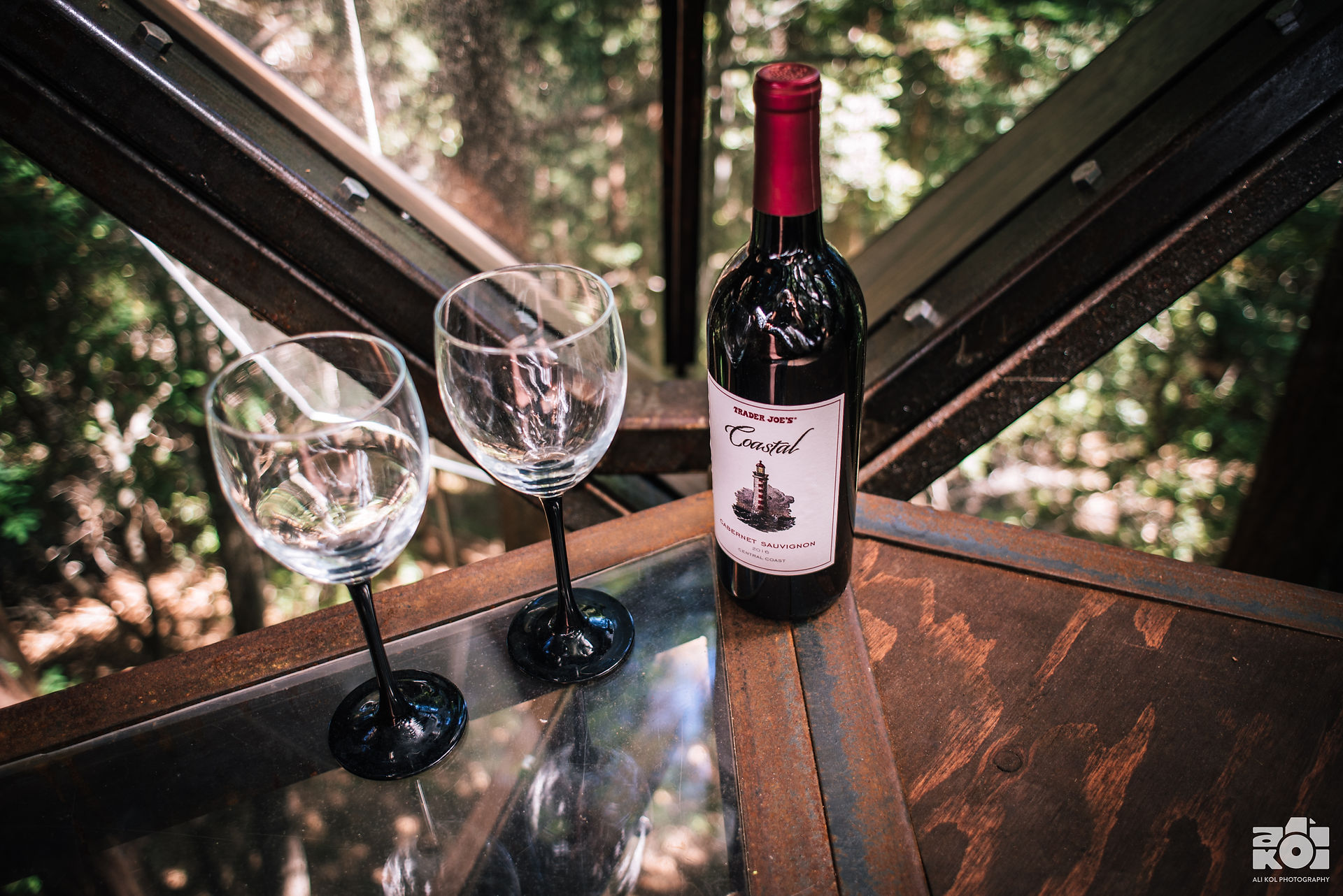 two glasses and bottle of wine at pine cone treehouse