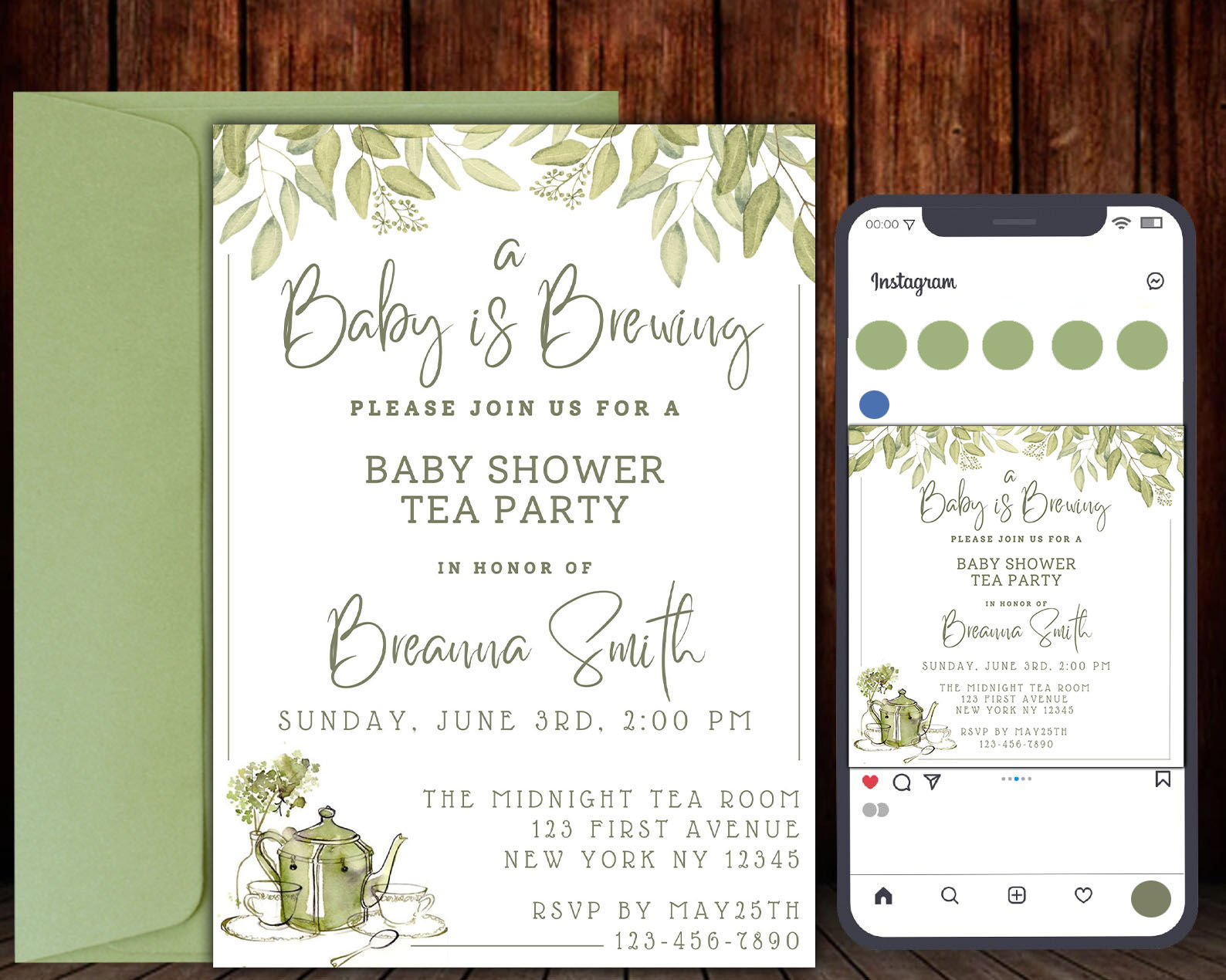 Baby is Brewing Tea Party Shower Invitation and Instagram Post