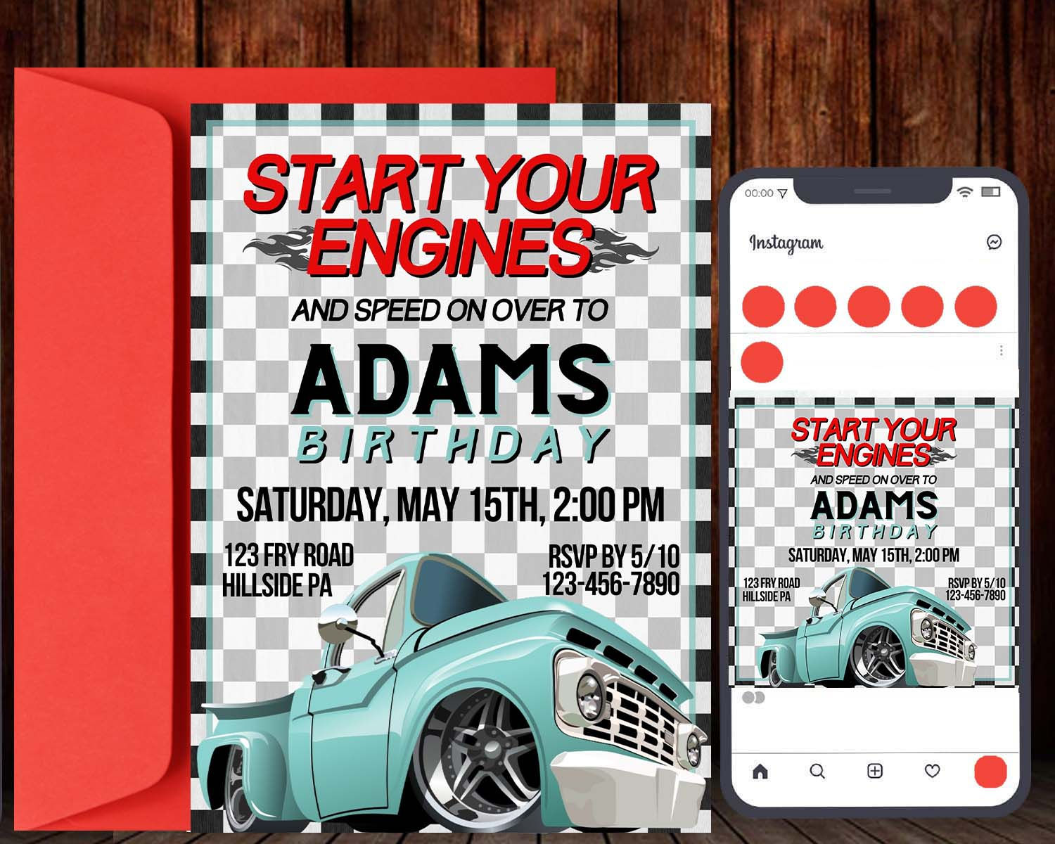 Start Your Engines Car Birthday Party Invitation and Instagram Post