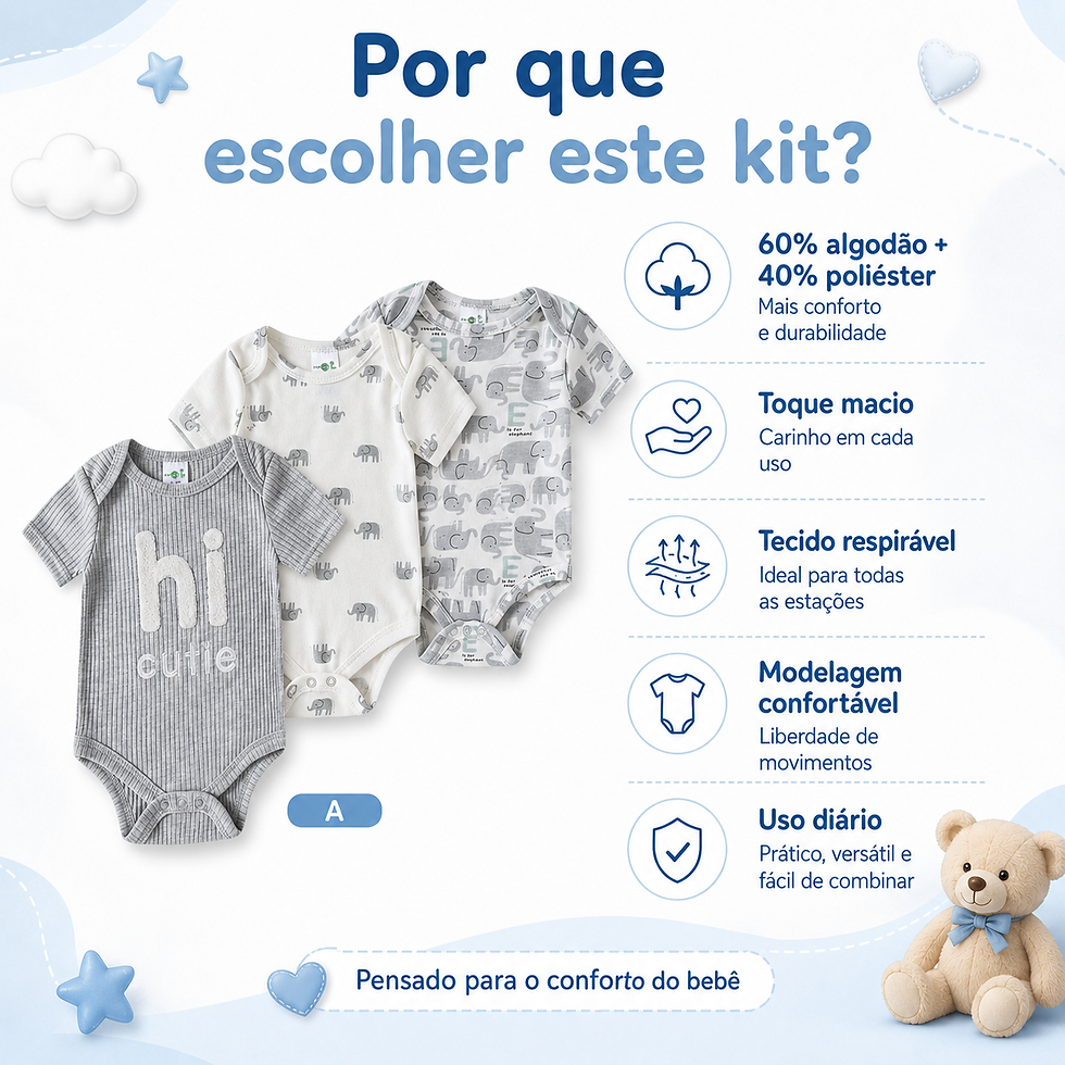 Detalhes do kit 3 bodies bebê menino manga longa com tecido macio e confortável