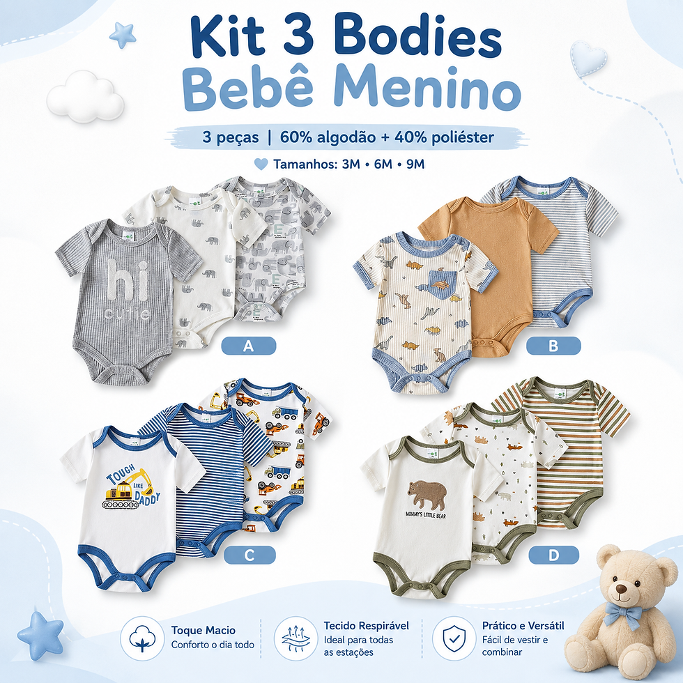 Kit 3 bodies bebê menino manga longa em algodão com 4 estampas disponíveis