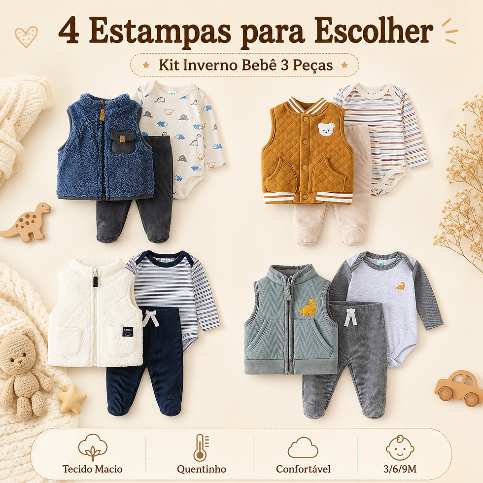 Conjunto bebê masculino de inverno 3 peças com 4 estampas disponíveis.