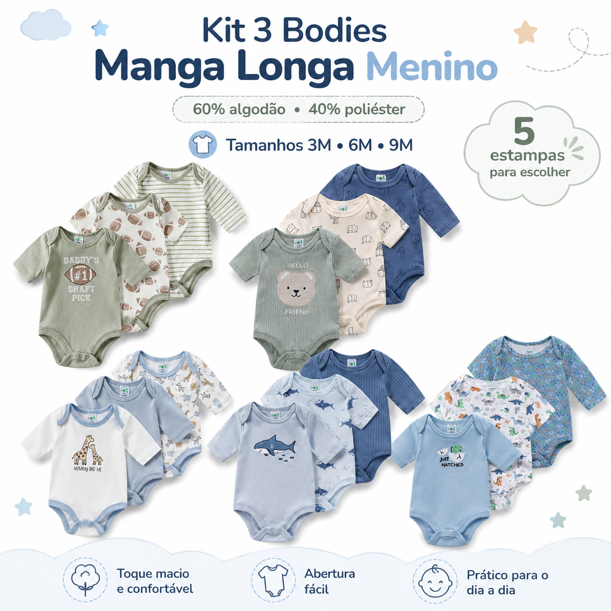 Kit 3 bodies bebê menino manga longa em algodão com 5 estampas disponíveis