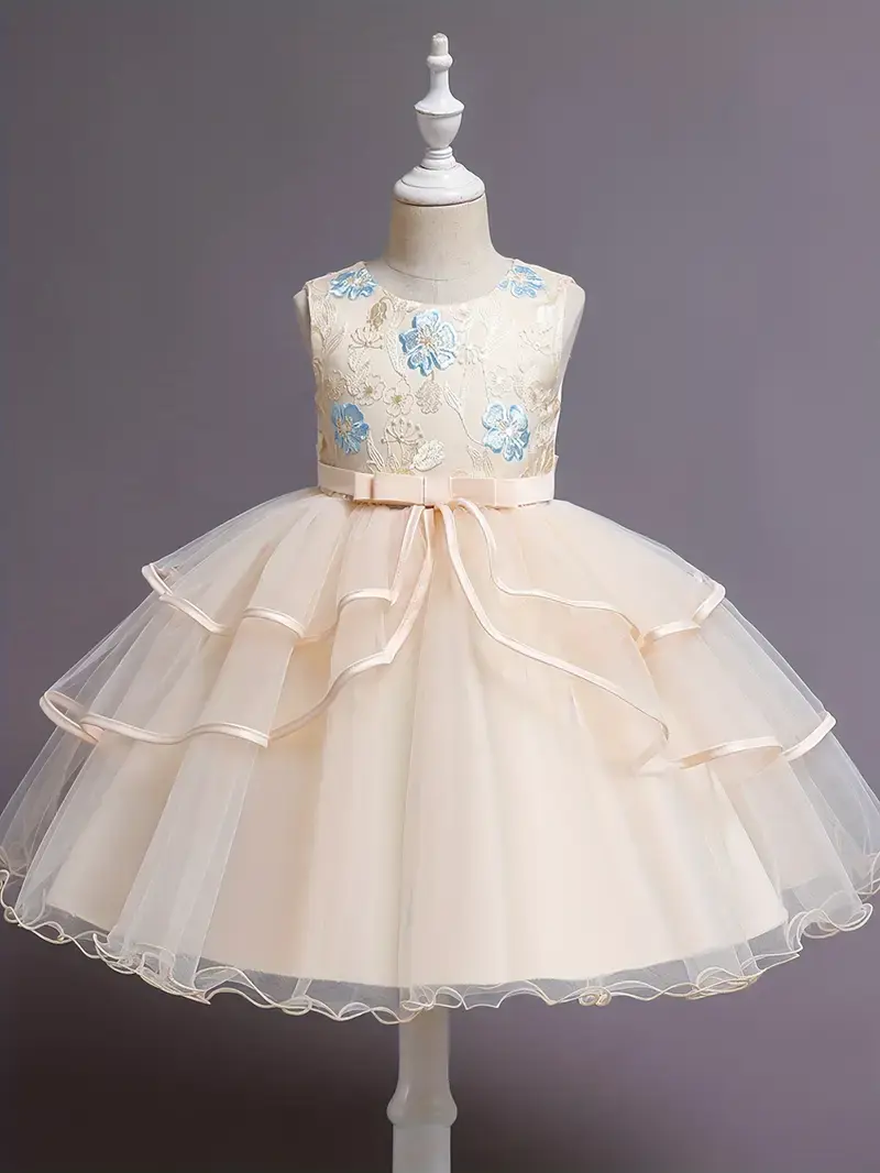 Champagne Embroidered Tulle Puffy Princess Gown With Bow
