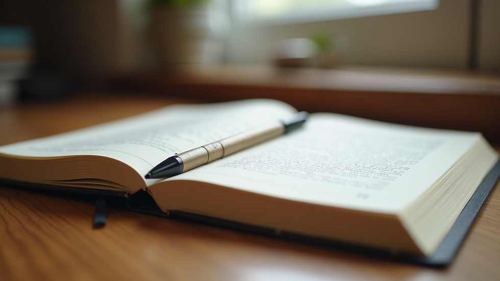 Close-up view of a journal and pen on a wooden table, symbolising reflection and healing