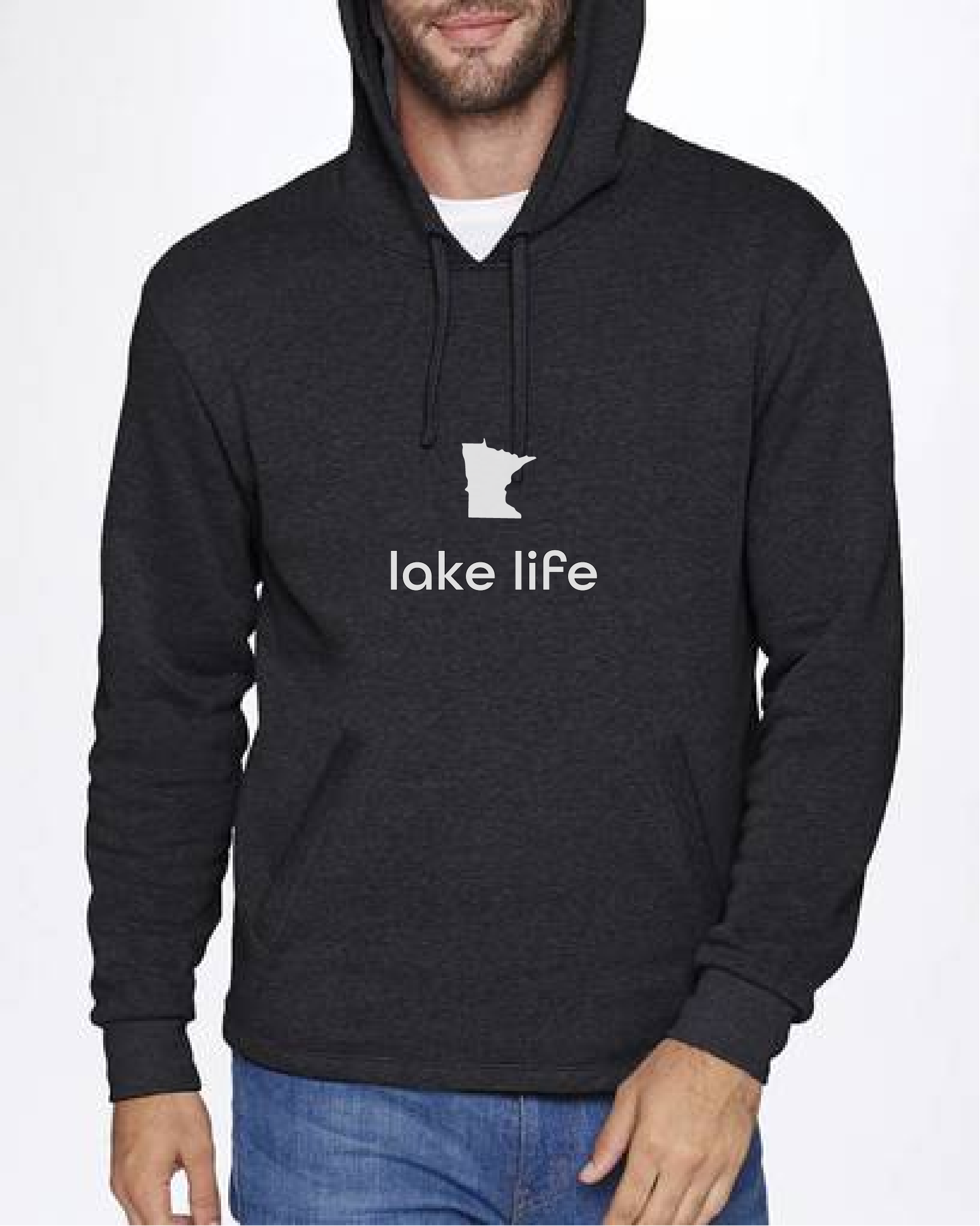 Heather Black / White Print Hoodie "(mn state) lake life"