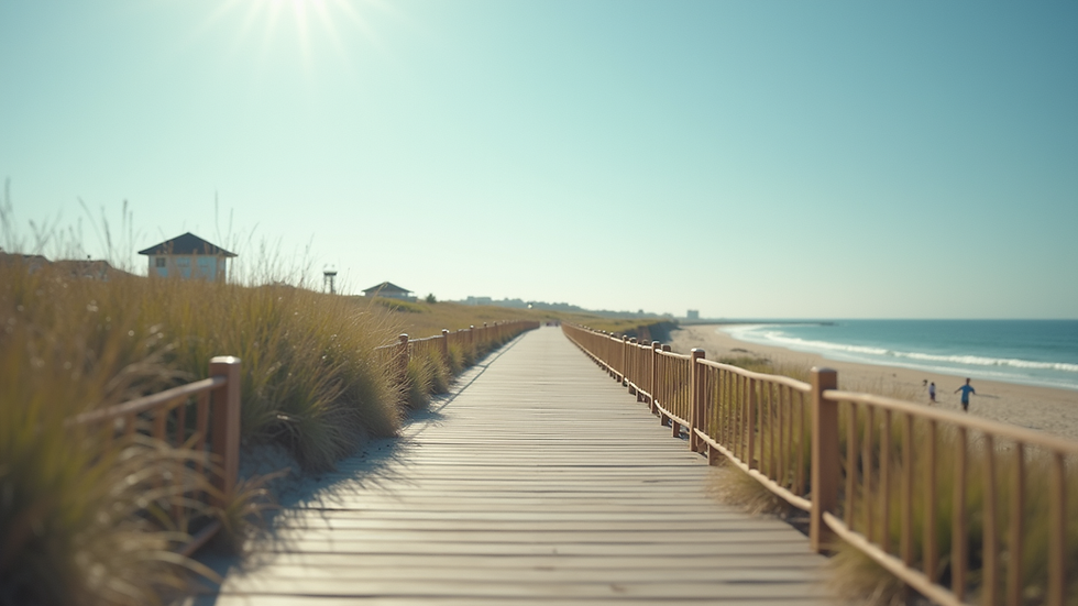 Eye-level view of a scenic accessible beach with a boardwalk