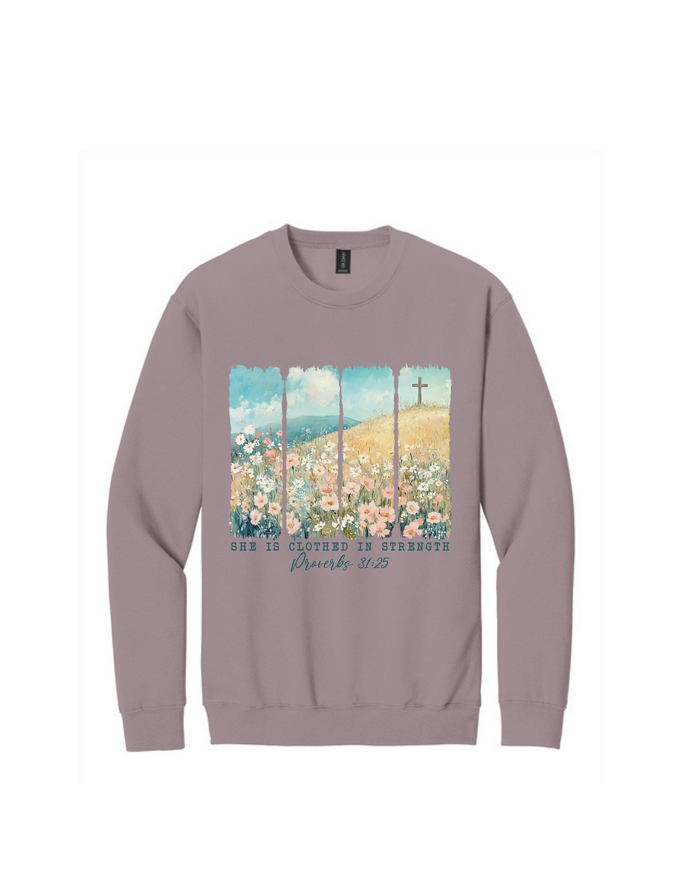 Thumbnail: She is Clothed in Strength Gildan Heavy Blend Crewneck Sweatshirt