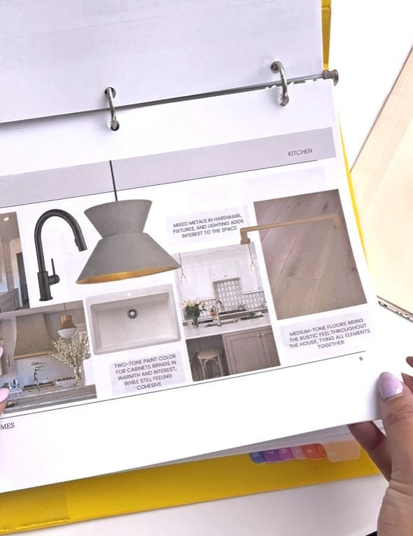 A binder with interior design selections for a kitchen